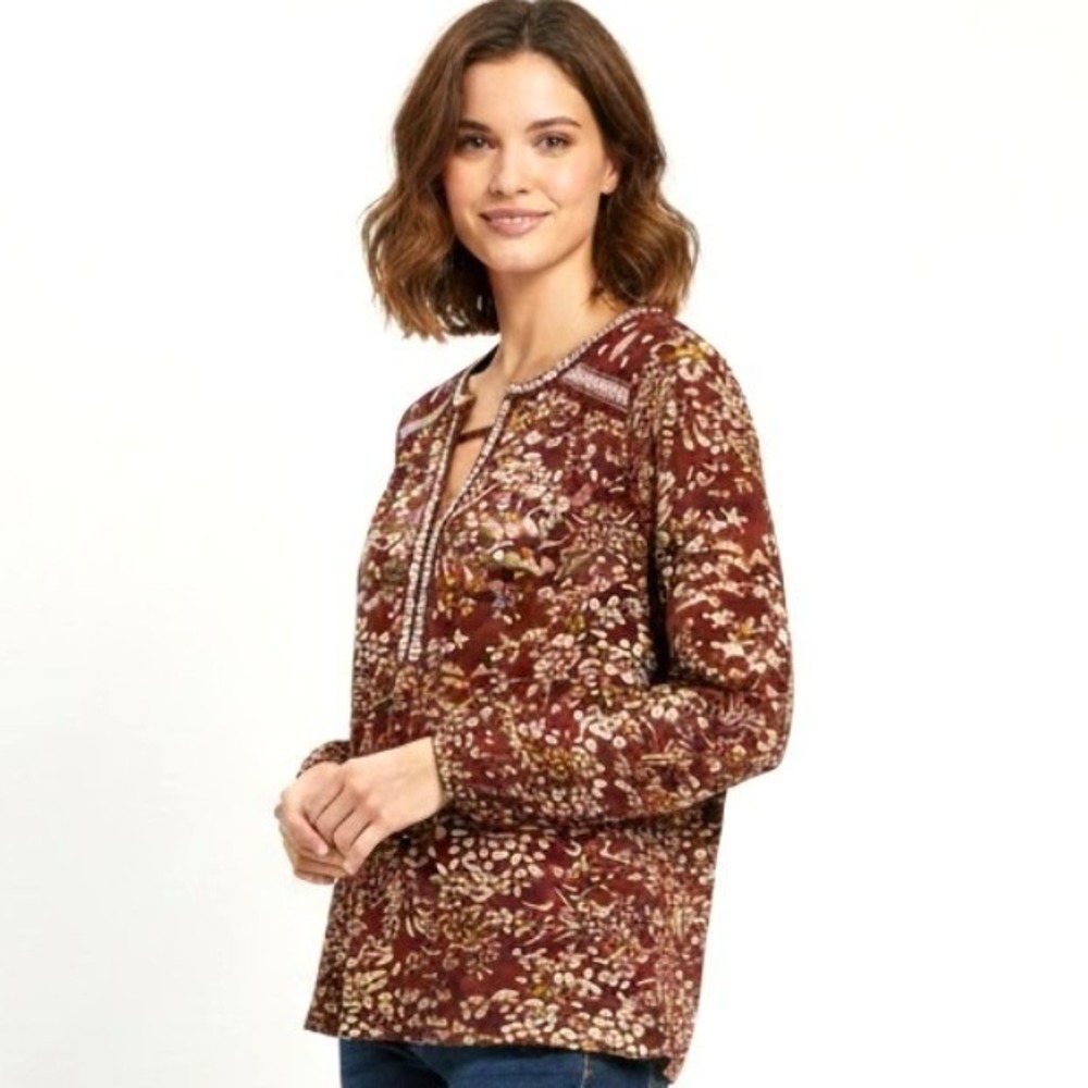 Lucky Brand Women Top 1X 16 Red Floral Embroidered Peasant Long‎ Sleeve Boho